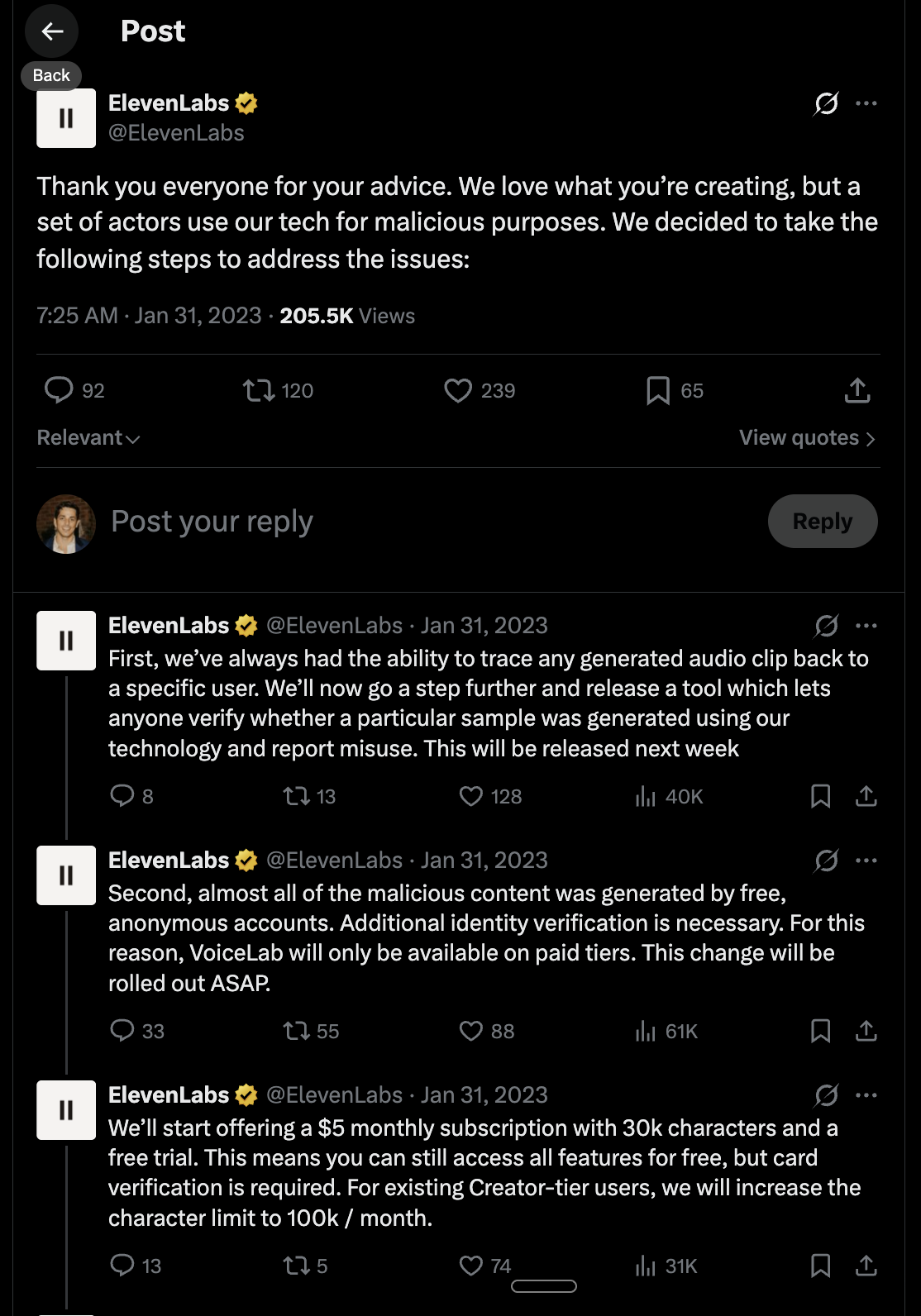 ElevenLabs' X thread responding to misuse of its voice AI in January 2023
